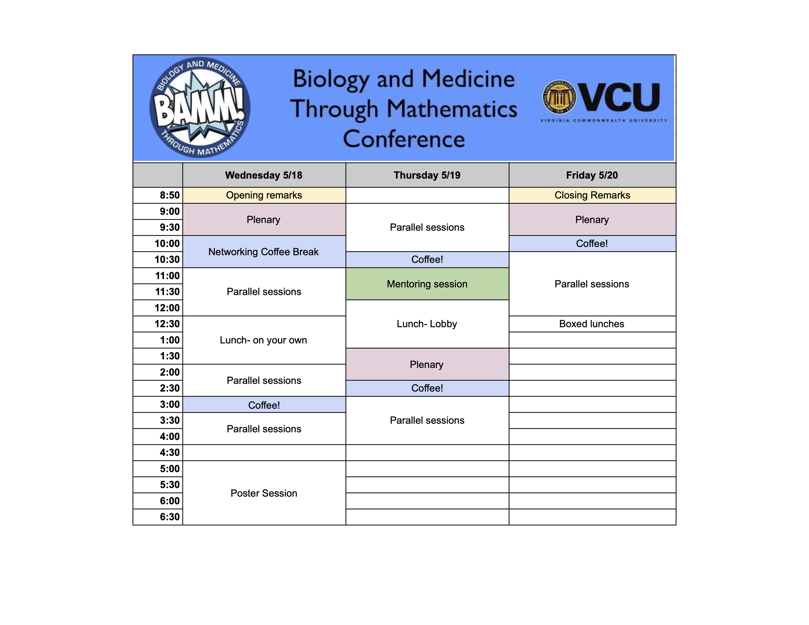 BAMM! 2022 Schedule Overview