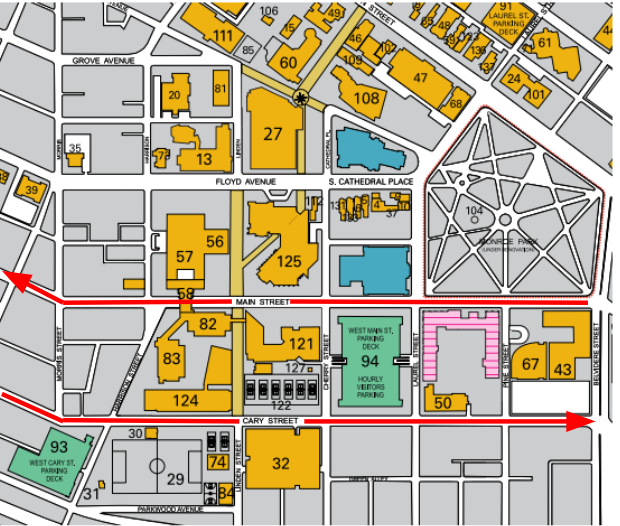 2-D map of VCU Monroe Park Campus, red arrows are laid on top of Main St and Cary St to show the direction of traffic.