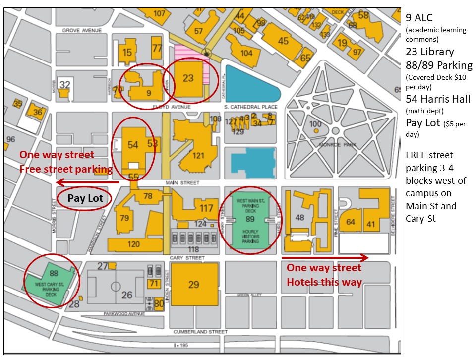 VCU Monroe Park Campus map with buildings highlighted